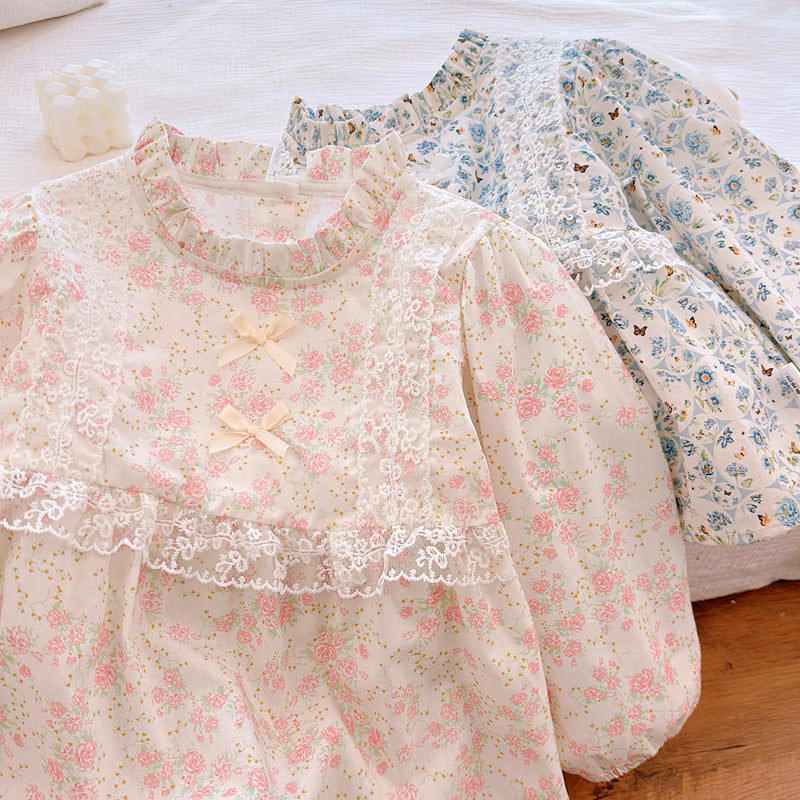 Girls' floral print babydoll top - new korean style, sweet french lace long sleeve cotton top, suitable for all seasons