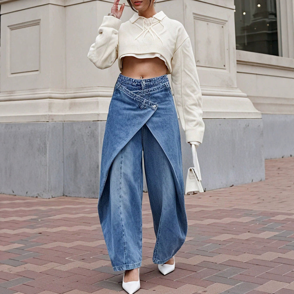 Fashionjeans women's high waist cross wrap fake two-piece culottes exportniche stylesense of design wide leg denim pants