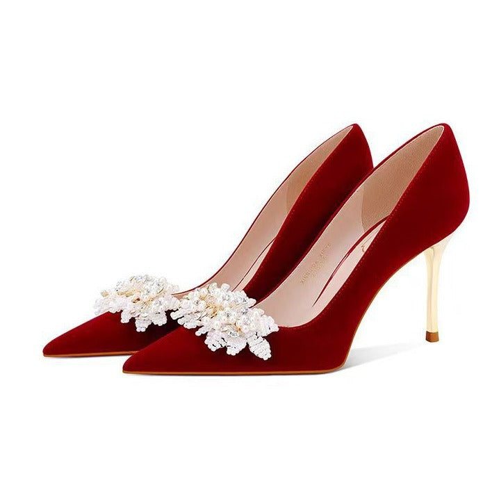2024 spring/autumn new women's pointed-toe stiletto heels, beaded suede sweet formal party dress shoes, elegant wedding shoes for women