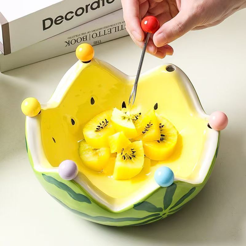 High-style, creative watermelon fruit bowl with fork set – perfect for home, living room coffee table, fruit platter, salad bowl, ceramic bowl