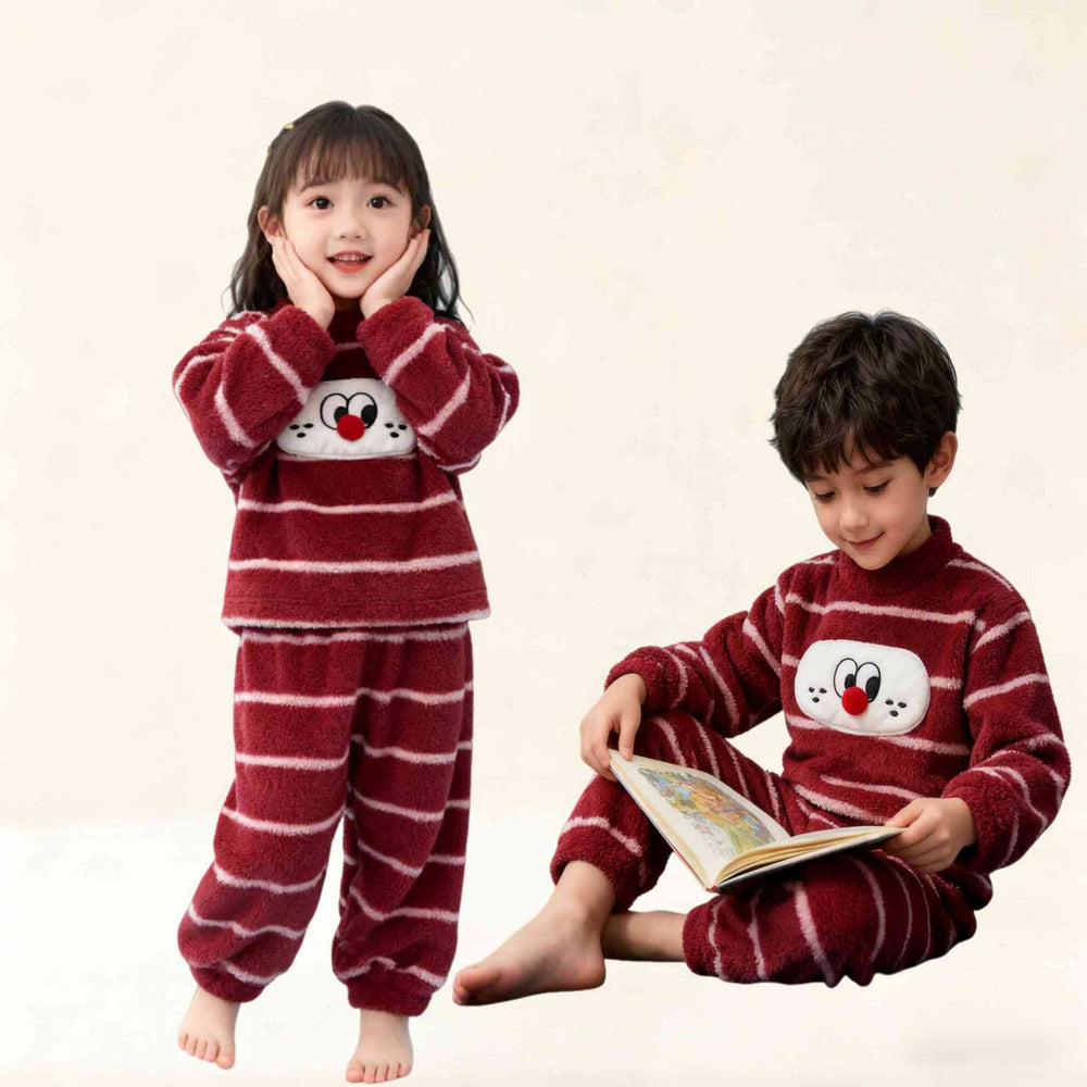 Kids' fall/winter korean style striped cartoon half-fleece pajama set - soft and warm loungewear for boys and girls