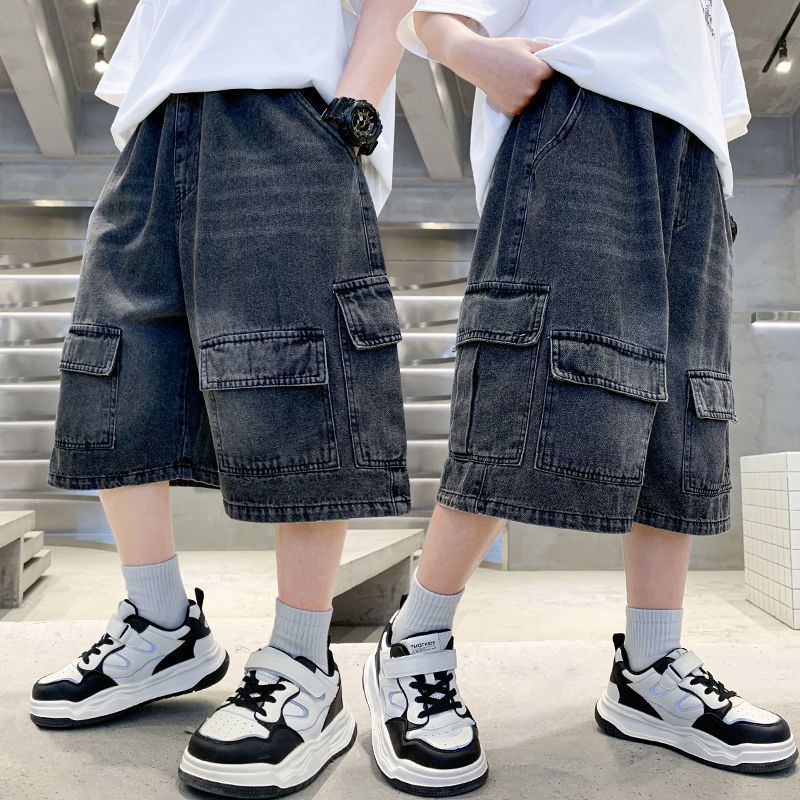 Boys' summer denim shorts: new stylish mid-length shorts for older boys, cool summer workwear-style capris