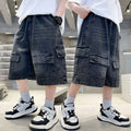 Boys' summer denim shorts: new stylish mid-length shorts for older boys, cool summer workwear-style capris