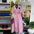 European and american style women's clothing  autumn new collection: sweet and fresh striped turn-down collar short sleeve high-waisted slimming cardigan dress maxi skirt