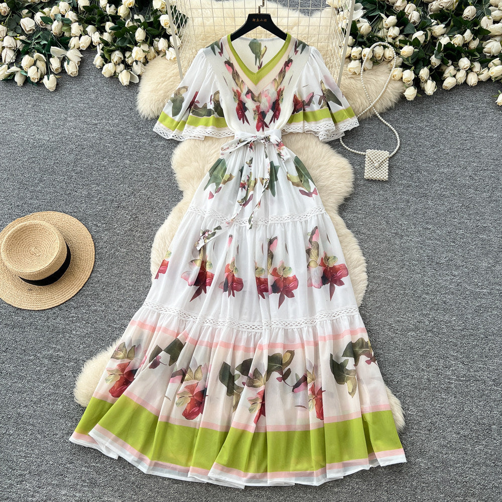 French riviera style printed short-sleeve pleated dress - women's summer v-neck, cinched waist, tie-up maxi dress - high-end, slimming fit