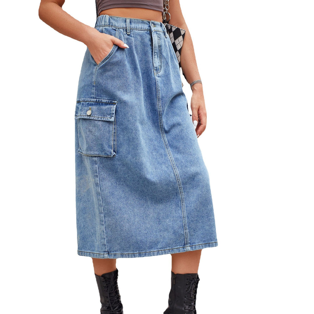 European and american cross-border e-commerce   new versatile slimming workwear washed denim midi skirt for women