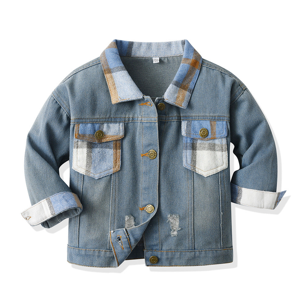 Autumn new arrivals: kids' denim jacket, plaid cropped top, trendy short jacket, denim outfit for boys and girls