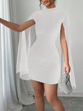 cross-border fashion: european & american style -  &  - ribbed pearl chiffon cape dress with bodycon fit