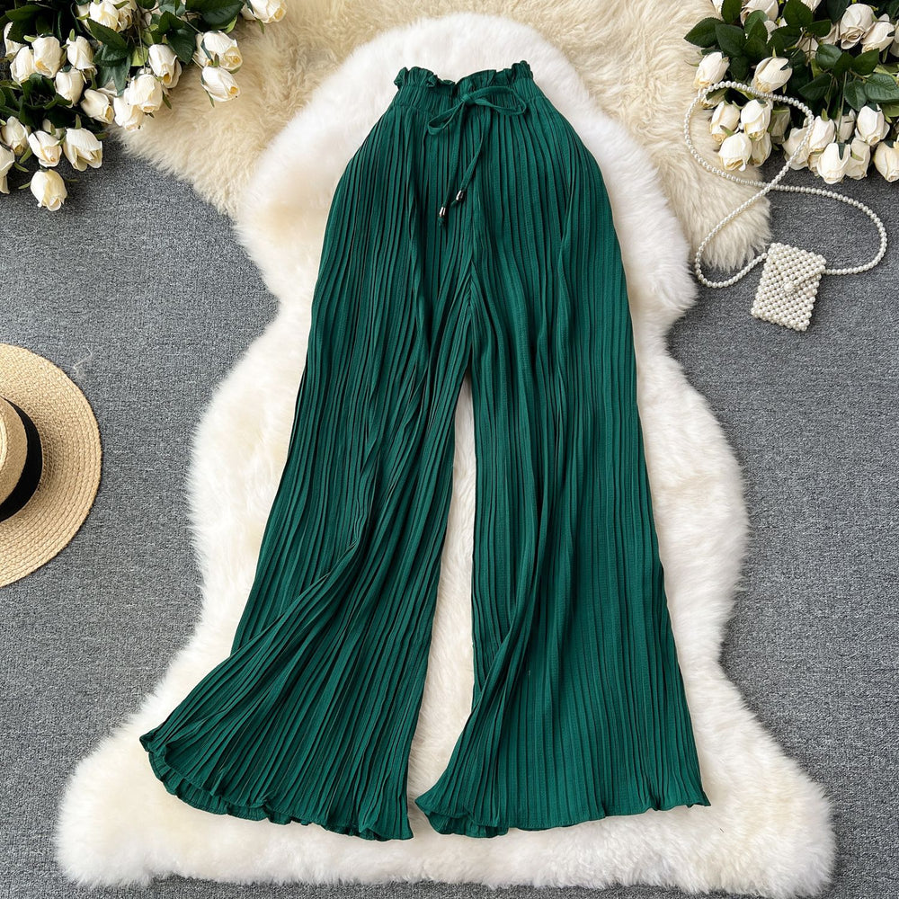 Summer outfit: high-waisted tie-waist casual pants for women - plus size, slimming, flattering, and flowy wide-leg pleated trousers