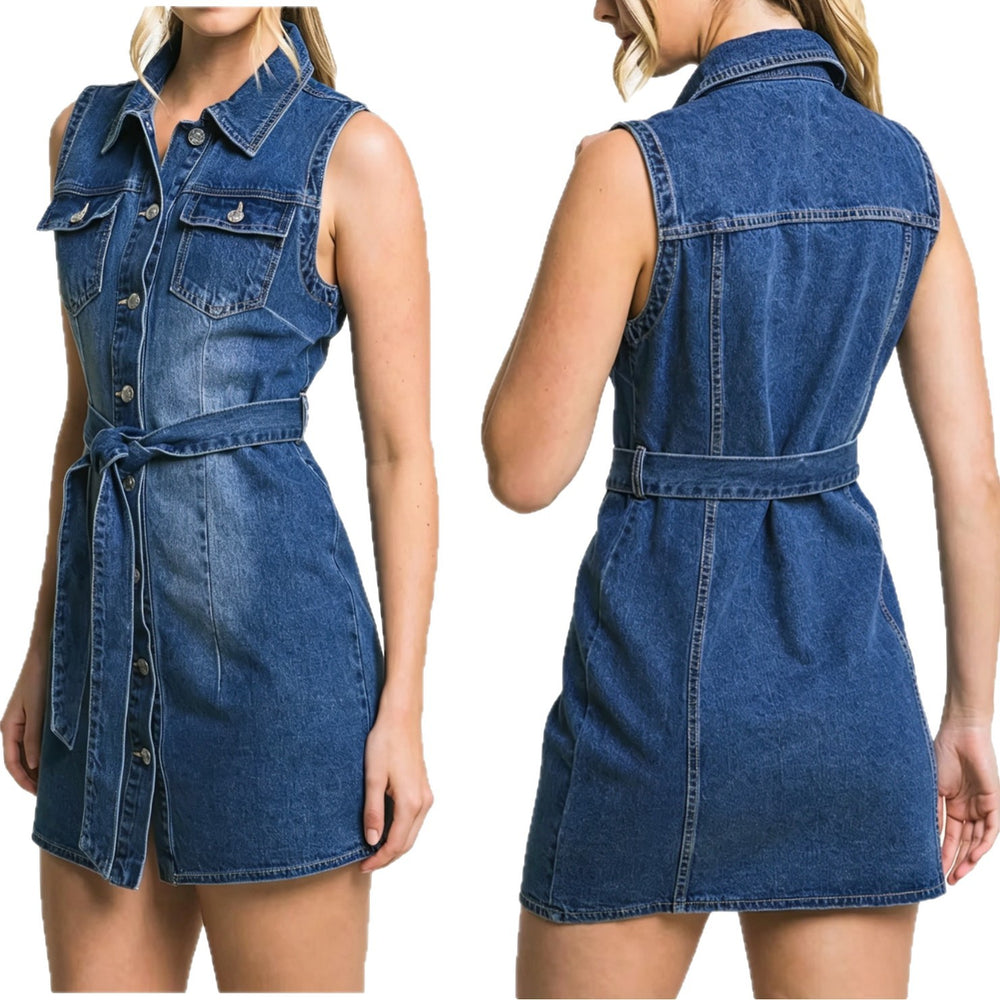 fashion elegant denim dress women's summer  new arrival lapel sleeveless waist slimming lookshort