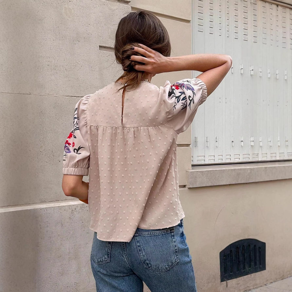 Amazon fashion cross-border women's clothing  spring and summer new french retro floral slimming look short sleeve shirt