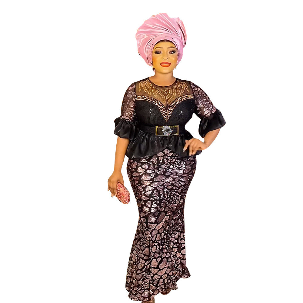 New african autumn/winter rhinestone & sequin party evening dress -  women's stretch mesh dress
