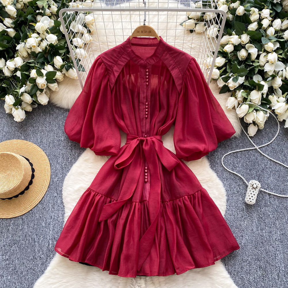 French retro bubble sleeve shirt dress with tie-waist and tulle detail – a unique and exquisite mid-length dress