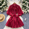 French retro bubble sleeve shirt dress with tie-waist and tulle detail – a unique and exquisite mid-length dress