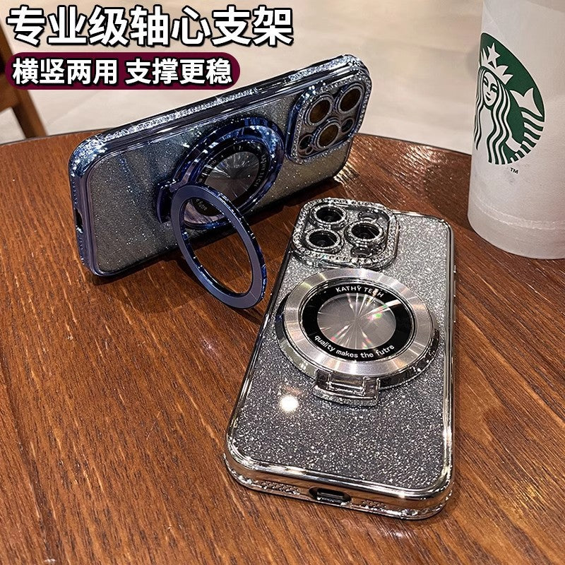 Suitable for apple 17promax light luxury rhinestone electroplated mobile phone case 15 glitter magnetic holder apple 16 protective cover