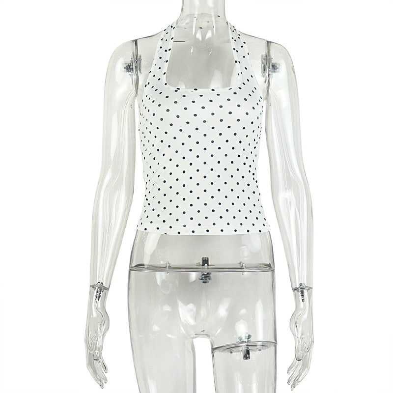 European and american style ins cross-border women's backless silm chest-wrapped summer t-shirt one-line collar halter neck sleeveless polka dot short tops