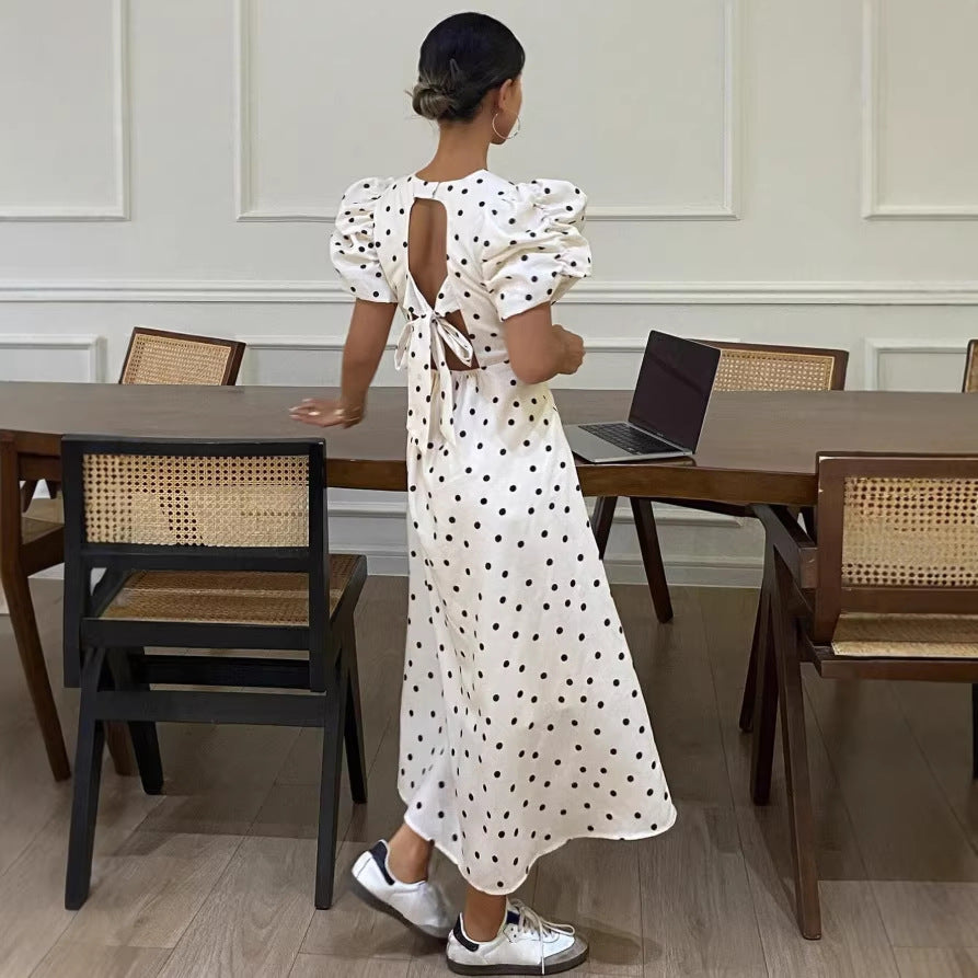 French polka dot dress women's summer  new arrival draped niche design puff sleeve elegant slimming long dress