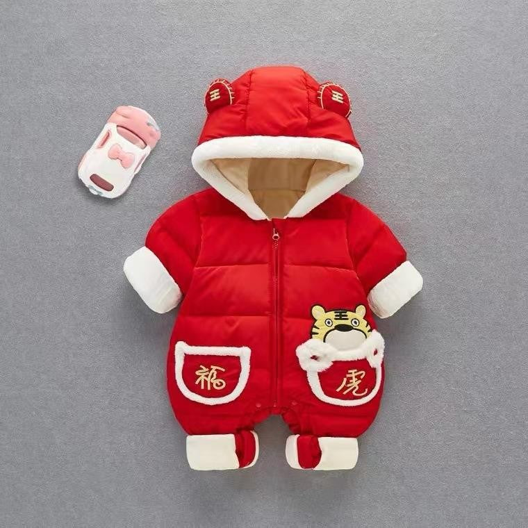 Baby winter new arrival: chinese new year fleece-lined, extra thick, chinese style new year outfit, newborn first birthday warm and festive crawling suit