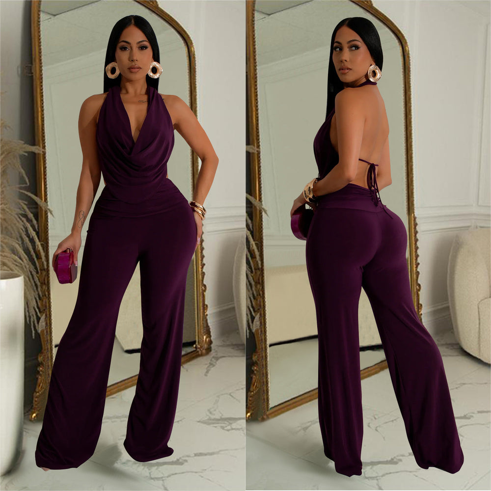 C7085 cross-border   independent station fashion women's sleeveless deep v pants suit pants two pieces
