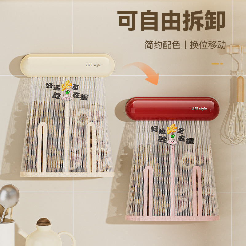 Kitchen wall-mounted ginger, onion and garlic punch-free installation breathable mesh bag ventilation and preservation detachable washable easy-to-clean storage bag