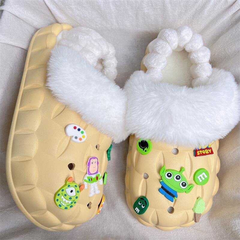 2025 cotton slippers - removable & washable, women's winter home & outdoor wear, thick sole, closed heel, fleece-lined, cartoon design, warm & cozy