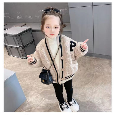Girls' fall/winter outerwear: new thickened baseball jacket, baby warm coat, kids' fuzzy clothes, trendy style