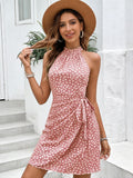 European and american  cross-border women's summer new arrival halter neck tie sleeveless polka dot floral pleated mini dress