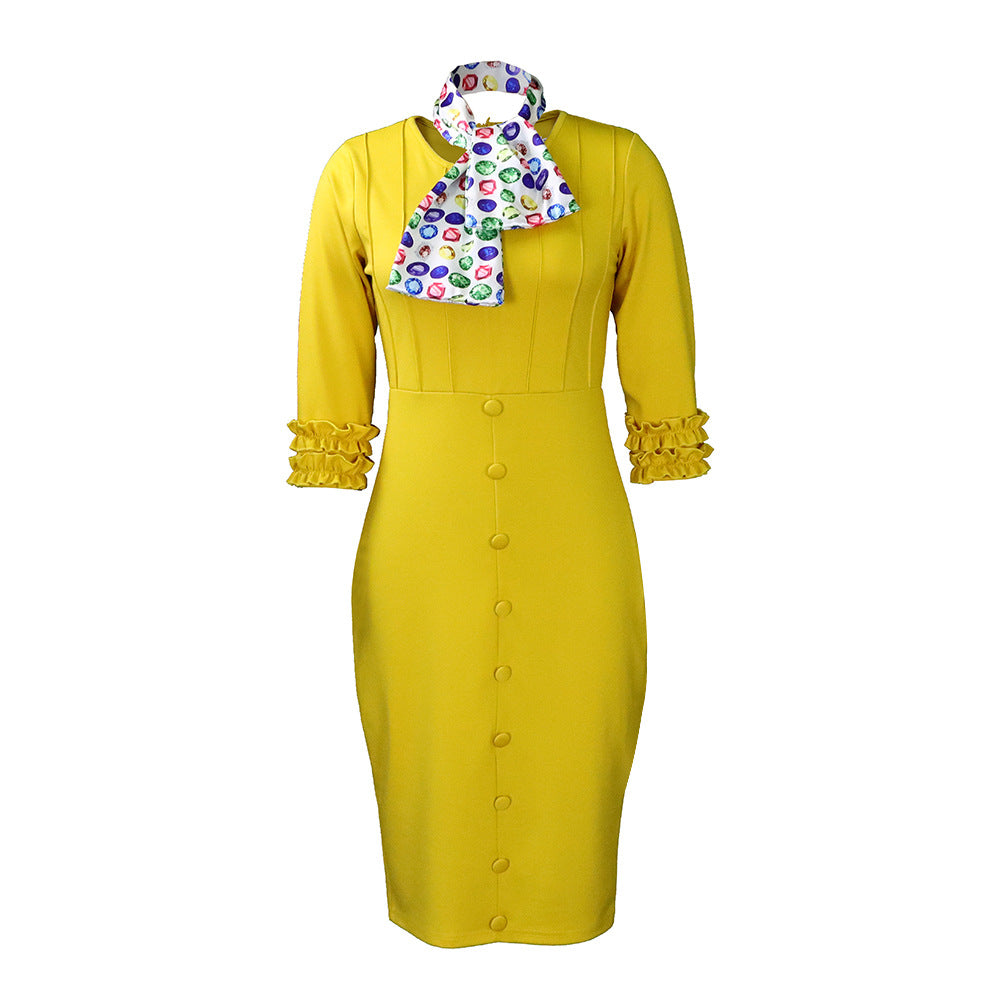 D281 european and american women's clothing  summer new arrival solid color slit professional bodycon ol pencil skirt scarf cross-border dress