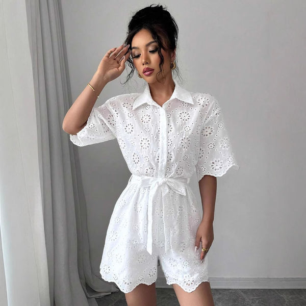 Wholesale Spring and Autumn New Women's Clothing Solid Color Embroidery Lapel Short Sleeve with Belt Shirt Dress