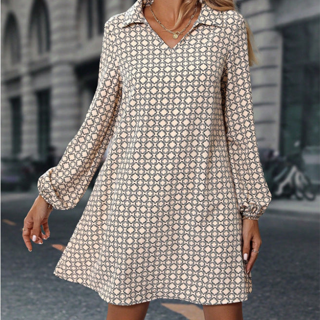 Women's all-over print lantern sleeve dress - autumn dress