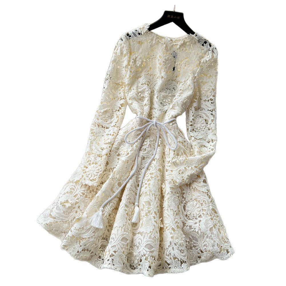 French-style heavy lace cutout bodycon dress - women's summer long sleeve slimming a-line dress - soft & elegant