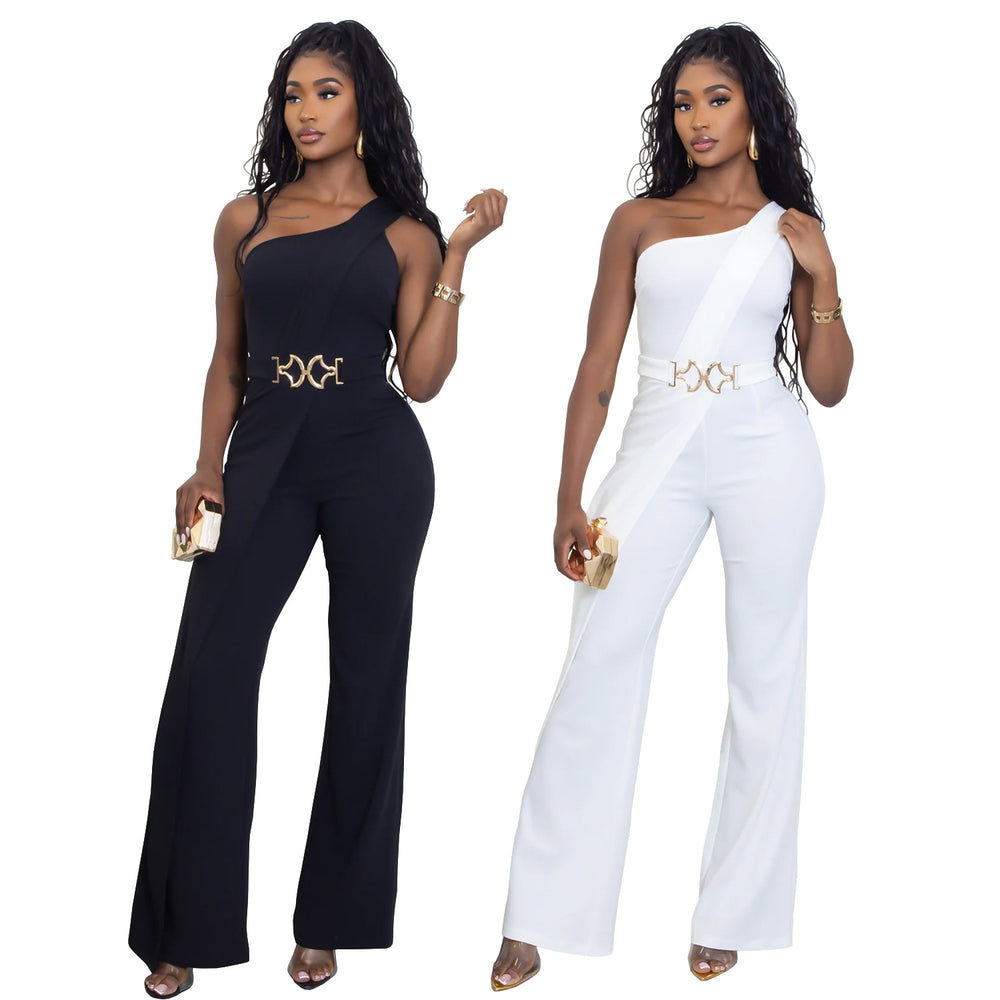 C7505 cross-border   fashion women's summer elegant decorative buckle one-shoulder jumpsuit new