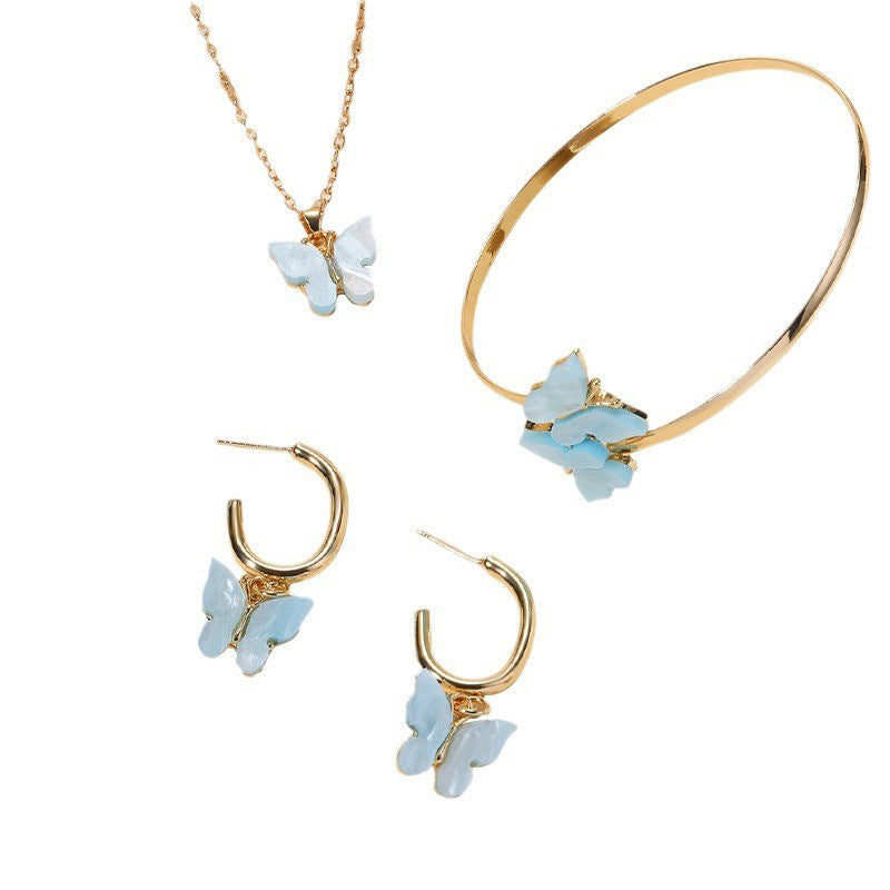 Wholesale butterfly necklace, european and american cross-border jewelry set, earrings, bracelet, pendant, high-end women's jewelry three-piece set