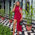 women's knit dress featuring an asymmetrical, uniquely designed high neckline. slimming, figure-flattering, and subtly sexy, perfect for concealing any problem areas