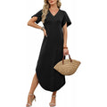 Amazon short-sleeve dress v-neck tank dress  summer new arrival side slit casual beach dress