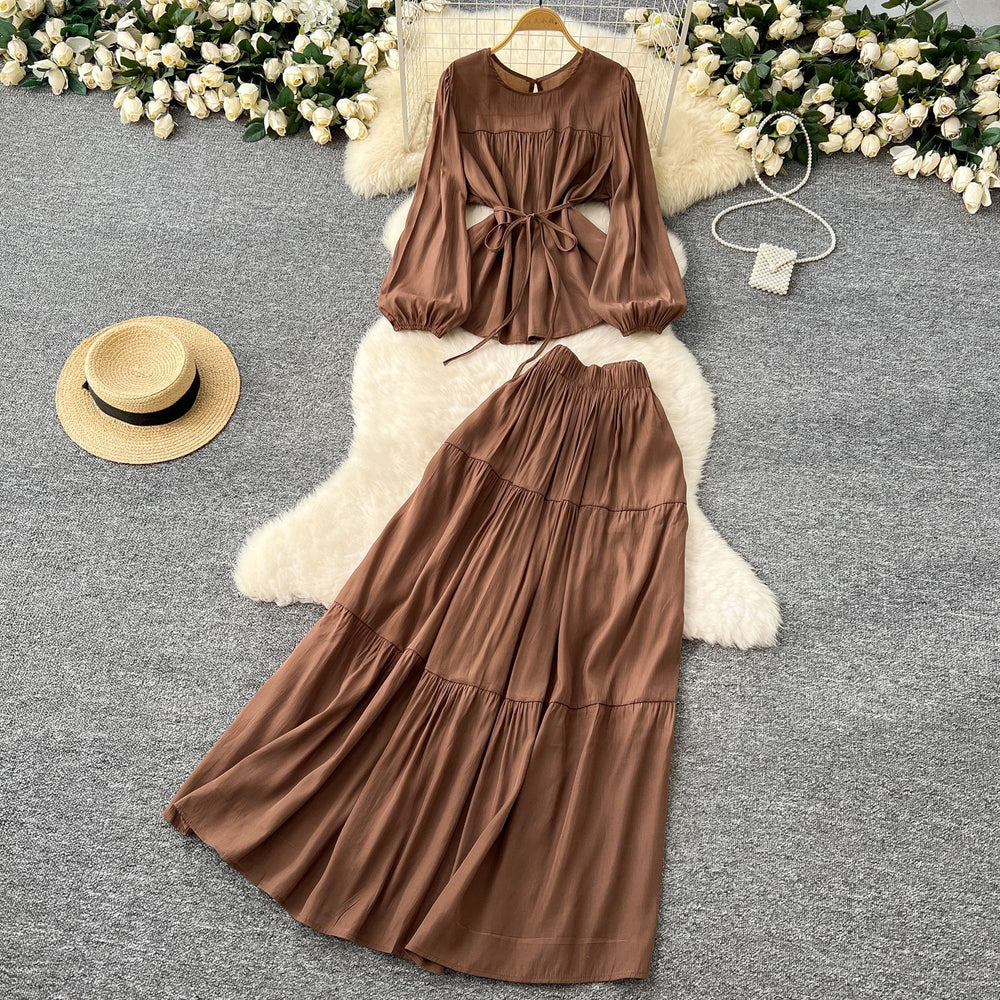 Gentle wind age-reducing suit women's springfrench strap waist round neck long sleevesshirt + high waistdraped skirt