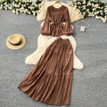 Gentle wind age-reducing suit women's springfrench strap waist round neck long sleevesshirt + high waistdraped skirt