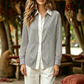 classic vertical striped shirt - white panel placket, turn-down collar, relaxed fit, drop shoulder, versatile long sleeve casual top