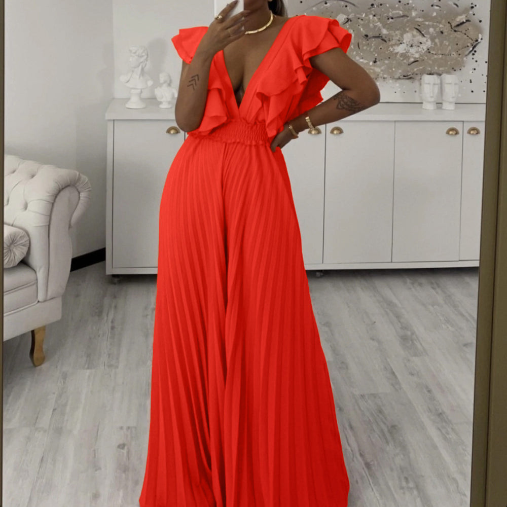 C8574 cross-border women's fashion  new deep v-neck high-waisted sexy ruffle pleated wide-leg jumpsuit (european & american style)