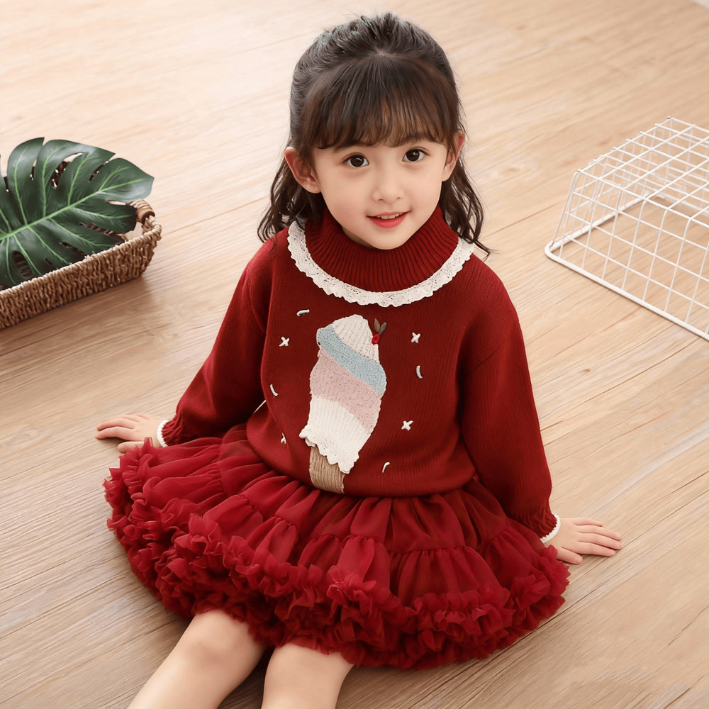 Girls' knit sweater set - new autumn/winter  collection: chic baby pullover with lace collar, long-sleeved base layer knitwear