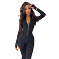 European and american style casual zip-up stand collar jumpsuit solid color high-stretch slim fit long sleeve one-piece export bodysuit women's trendy