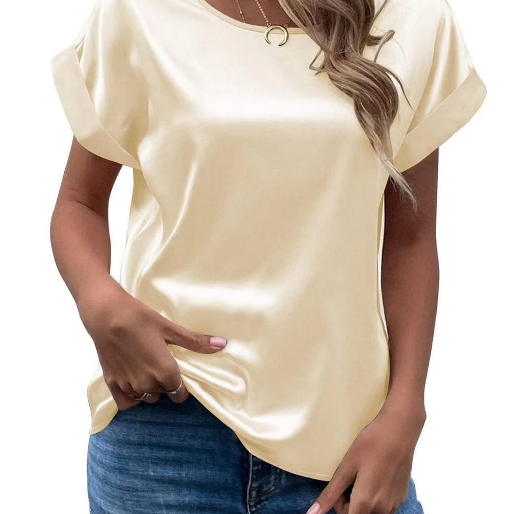 Women's short-sleeve satin blouse - relaxed fit, versatile crew neck, satin shirt - cross-border   new arrival