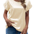 Women's short-sleeve satin blouse - relaxed fit, versatile crew neck, satin shirt - cross-border   new arrival