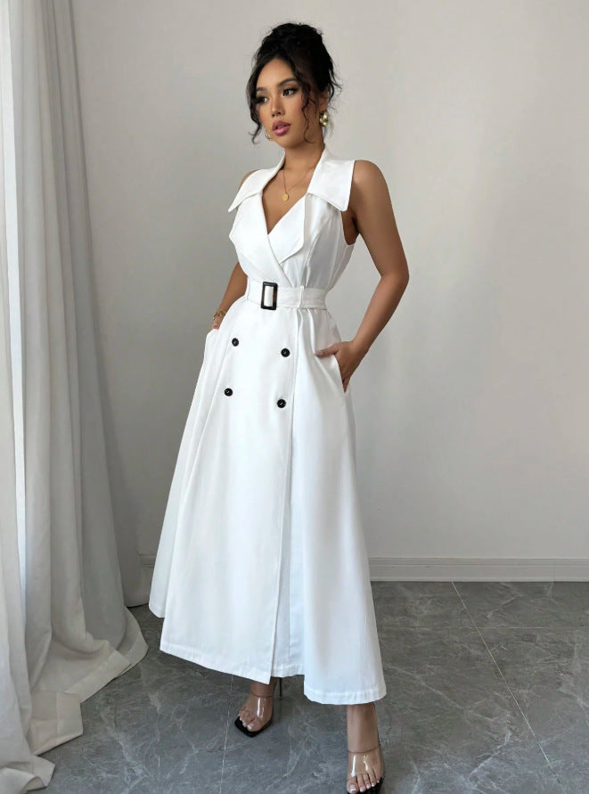 double-breasted elegant polo collar sleeveless dress - slim fit, figure-flattering a-line dress
