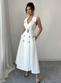 double-breasted elegant polo collar sleeveless dress - slim fit, figure-flattering a-line dress