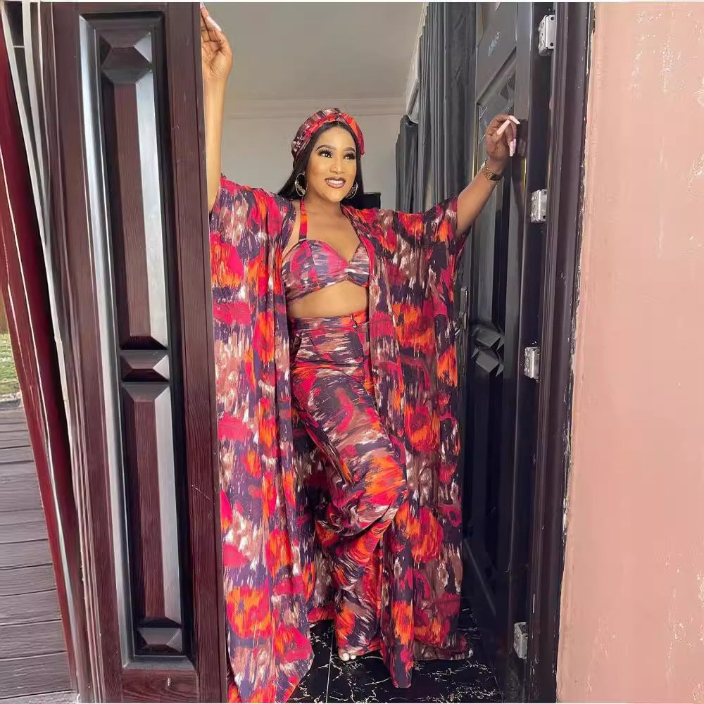 Special offer fashion digital printing loose robe with loosepants including bra and headscarf 4-piece set for african women