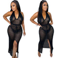 Fashion cross-border women's clothing  supply fashionsexytie back deep vpure colorcut out mesh slit dress