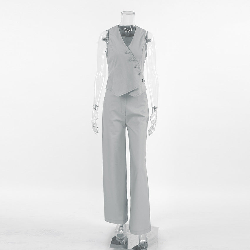 European and American cotton and linen khaki cardigan vest straight pants two-piece set women's 2025 autumn new  casual suit