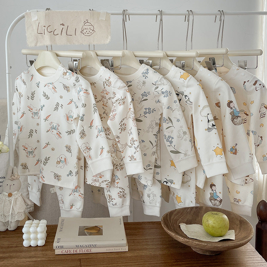 Kidsfall and winter shu velvet 300gthickenedpure cotton autumn clothes and long trousers home clothes suit class a boneless