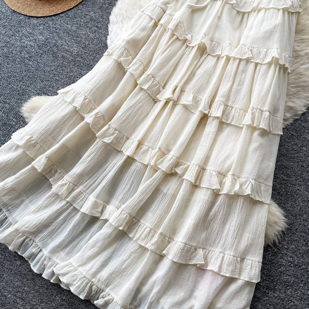 French riviera style sleeveless dress - women's summer korean ruffle trim ladylike cake dress - slimming elegant maxi dress